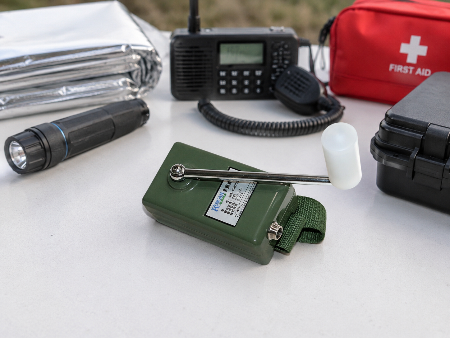 Hand crank generator with disaster relief equipment